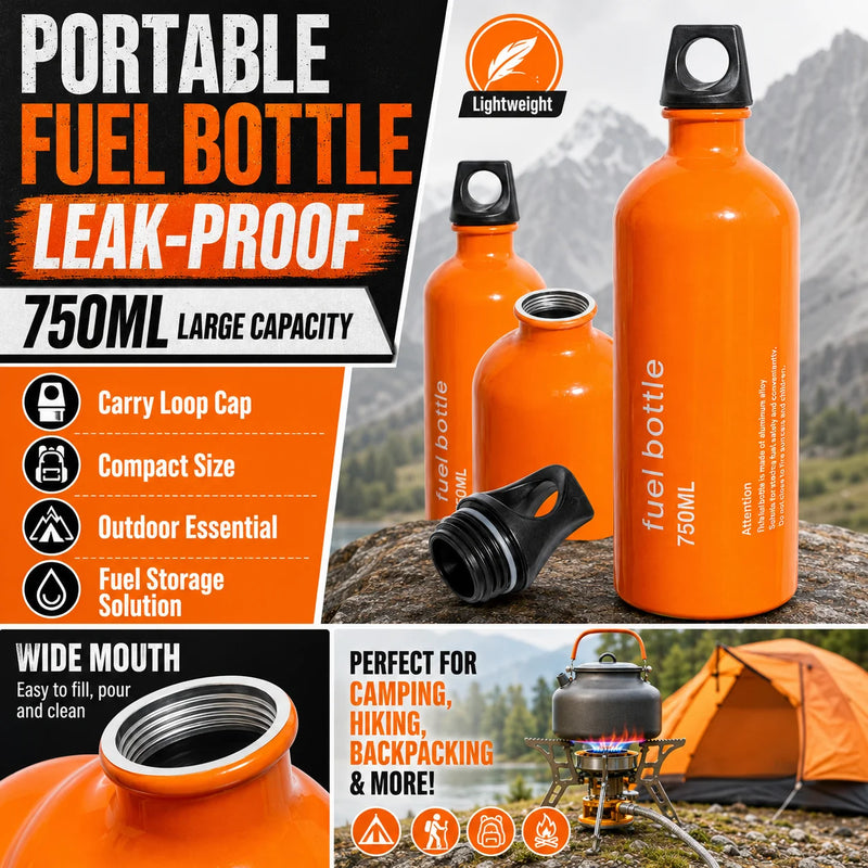 750ml Aluminum Fuel Bottle Camping Stove Gas Oil Storage Can Leakproof Orange Lightweight Outdoor Fuel Container for Backpacking Hiking Picnic Camp Burner Refill Portable Travel Bottle Durable Safety Cap Camping Gear Accessor