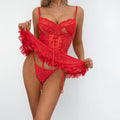 Women Sexy Lace Babydoll with Open Back Polka Dot Ruffle Hem G String Lingerie Set Cute Nightwear Erotic Costume For Couple