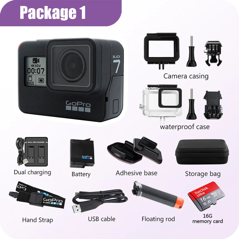 GoPro Hero 7 Black Original Special Bundle Action Camera Go Pro Hero7 Sport 12MP Photo Live Streaming Cam 4K 60fps 1080P 240fps