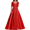 A Line Women Evening Dresses Satin Appliques V Neck Prom | SAMAG