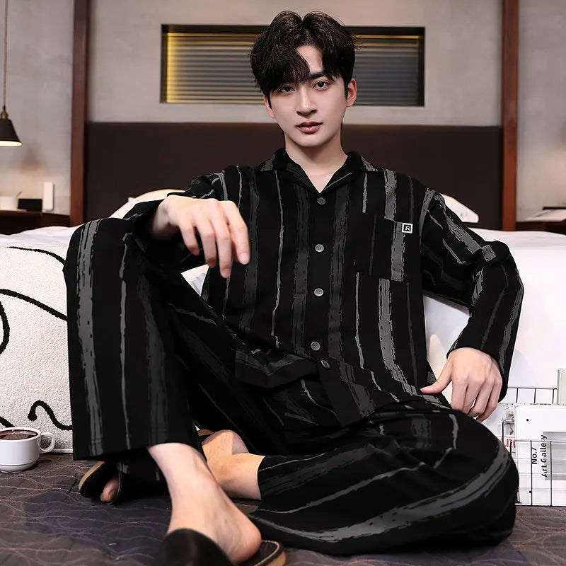 Korean Fashion Men's Cardigan Homewear for Autumn Spring Male Long Sleeves Long Pant 2Pcs/set Loungewear Hombre Pijamas 2026