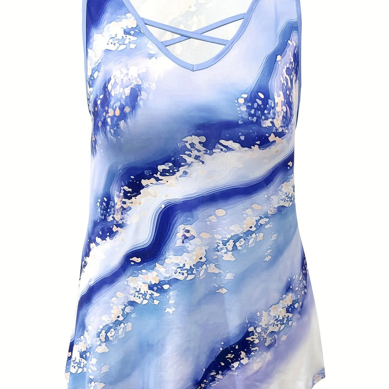 Plus Size Marble Print Tank Top Casual Criss Cross Sleeveless V Neck Top For Summer & Spring Women's Plus Size Clothing