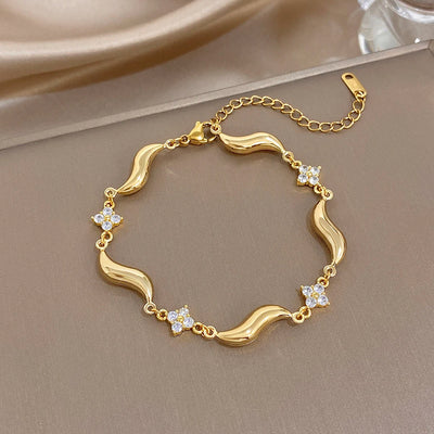 Fashion Gold Plated Stainless Steel Bracelet for Women Chic Wave Zircon Flower Wristband Party Jewelry Gifts | SAMAG