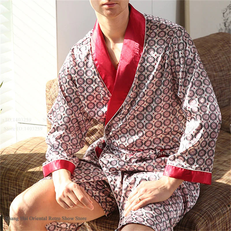 Men's Ice Silk Sleepwear Kimono Bathrobe Gown Long Robe Pajamas Two Piece Set Print Tiger Loose Casual Homewear Lounge Wear