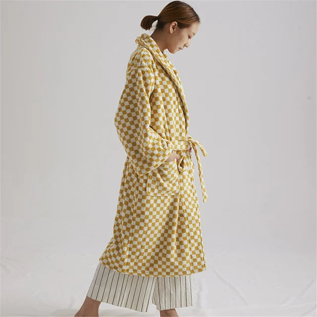 Retro Plaid Cotton Bathrobe Super Soft Absortion Hooded Loose Bath Robe Coat Towel V Neck Warm Sleepwear Robes Women Homewear