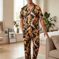 Men's Summer Ice Silk Hawaiian Floral Button-Up Short Sleeve Shirt Elastic Waistband Long Pants Comfy 2 Piece Set for Beach Suit