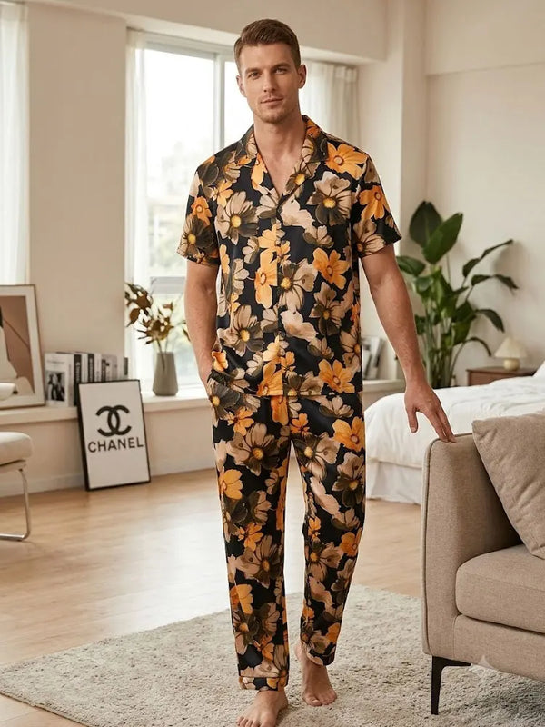 Men's Summer Ice Silk Hawaiian Floral Button-Up Short Sleeve Shirt Elastic Waistband Long Pants Comfy 2 Piece Set for Beach Suit