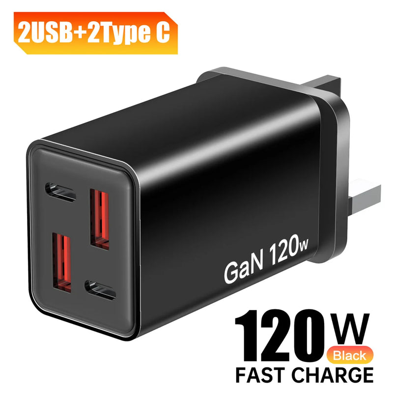 4 Ports 120W USB C Charger Fast Charging EU/US/UK Plug Wall Charger Adapter For iPhone Samsung Xiaomi Huawei Phone Power Charger