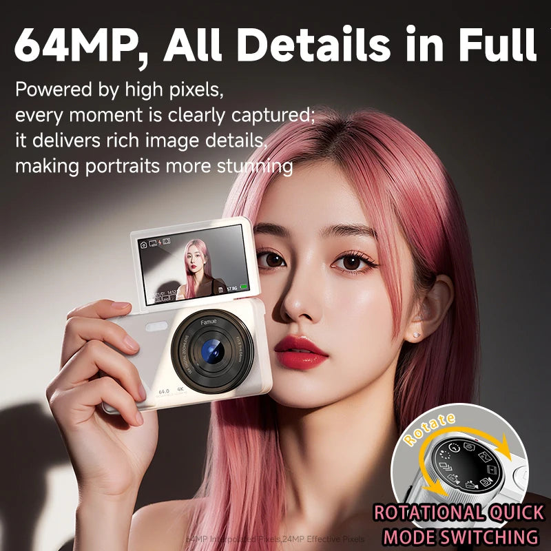 Famue FC02 Digital Camera for Students, 64MP Beauty Selfie Camera with 180° Flip Screen, 18X Zoom, 4K Video HD CCD for Vlogging