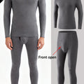 2 Pieces/Set Long Johns Thermal Underwear Men Solid Color Dralon Velvet Fabric Warm Pants Front Open Winter/Autumn Warm Suit