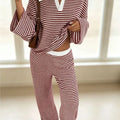 Autumn New Fashion Knitted Striped Lapel Long-sleeved Two-piece Set Slim + Casual High-waisted Wide-leg Pants 2 piece Set Female