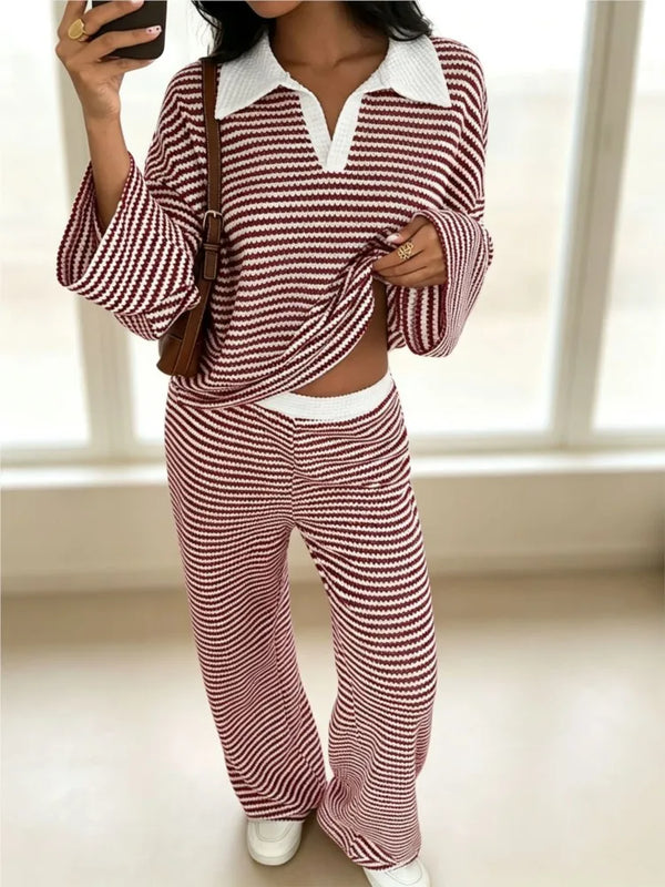 Autumn New Fashion Knitted Striped Lapel Long-sleeved Two-piece Set Slim + Casual High-waisted Wide-leg Pants 2 piece Set Female