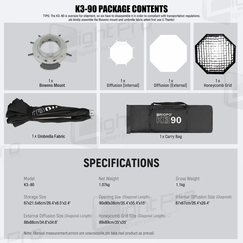Triopo K3 Quick-Setup Bowens Mount Octagon Softbox One-Step Install Portable Light Modifier Umbrella Reflector W/ Honeycomb Grid