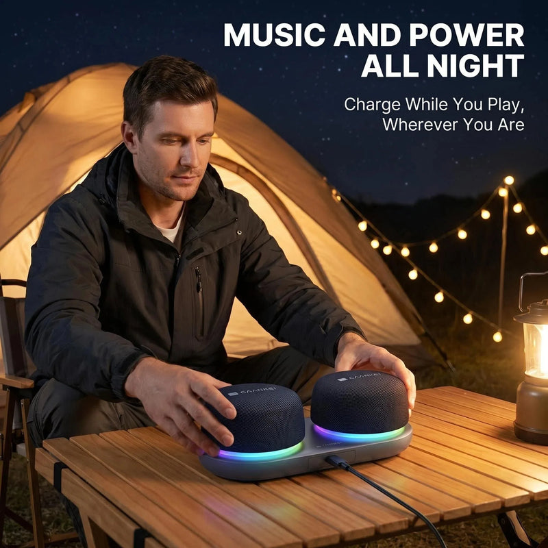 Dual Bluetooth Speaker Set with Magnetic Base & Phone Stand TWS Stereo Sound 10H Playtime RGB Music Sync Lights for Home Theater