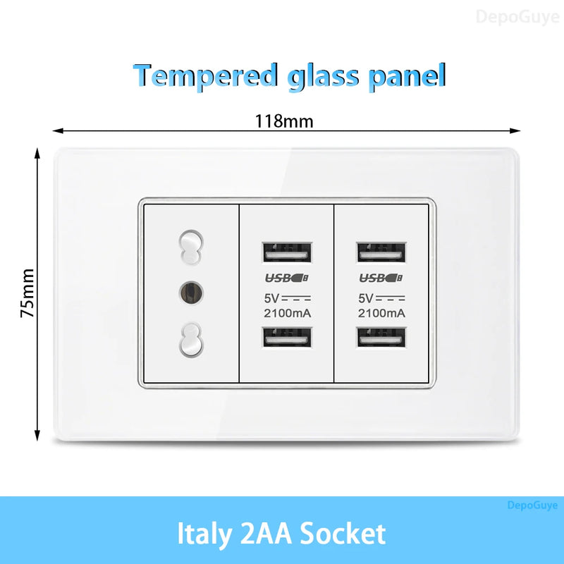 White Tempered Glass Italy USB Type C Smart Fast Charging Wall Socket Plugs Schuko Light Switch Panel Chile TV Sat Computer CAT6