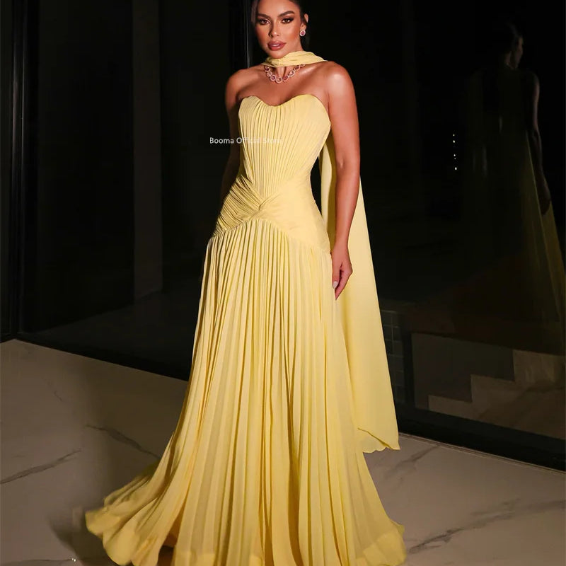 Booma A-Line Pleat Yellow Evening Dresses Sleeveless | SAMAG