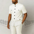 Men's Grey Mandarin Collar Suit Set Short Sleeves Multi-Pocket Jacket and Trousers Fashion Formal Smart Casual Wedding Suits