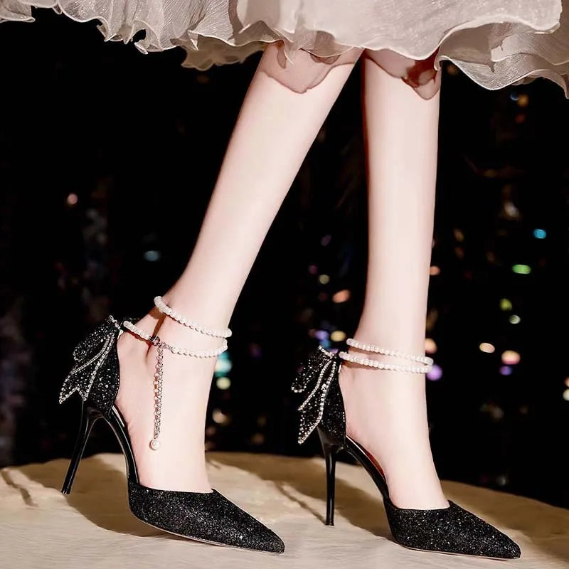 2024  French New Pointy Shallow Mouth Temperament Elegant Sequin Bow High Heels Women's Fine Heel Pearl Line with A Single Shoe