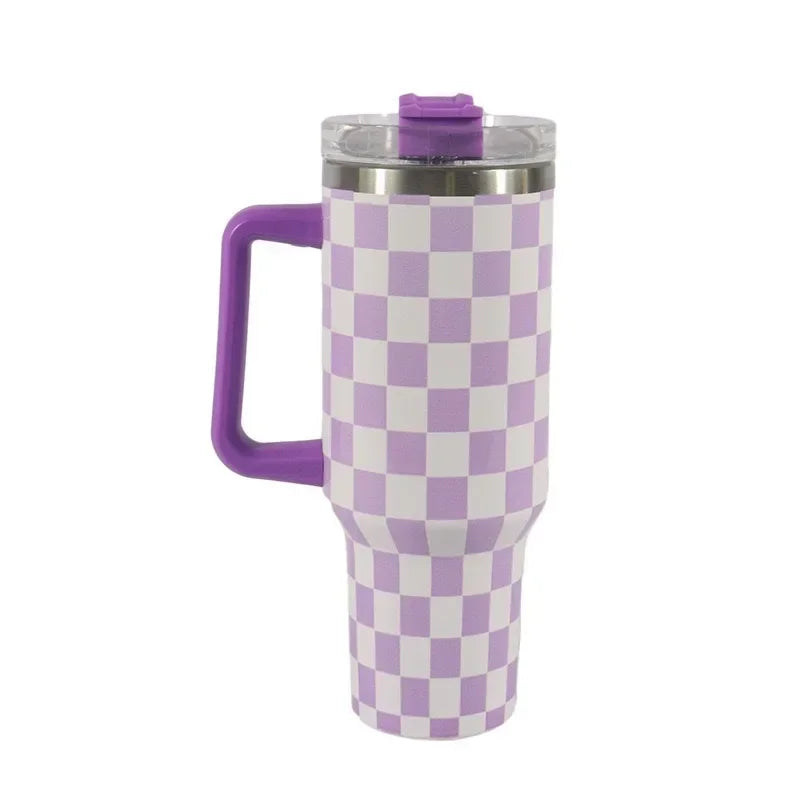 40Oz Stainless Steel Mug Coffee Cup Thermal Travel Car Auto Mugs Thermos Tumbler with Handle Chessboard  Chequer Fashion 1200ml
