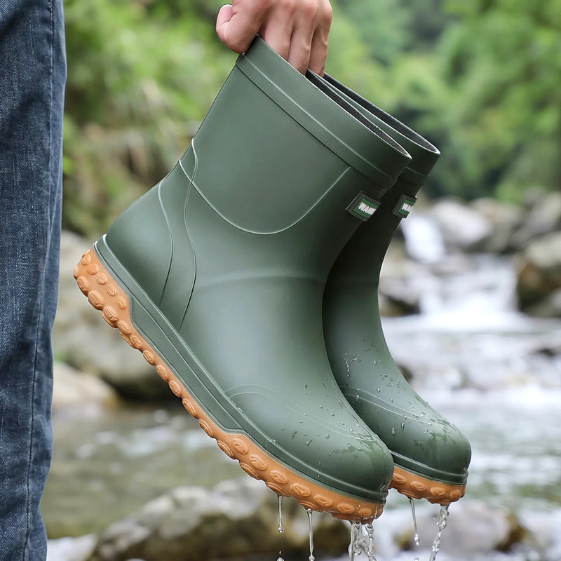 Men's Fashion Rain Boots High Quality Anti-Slip Waterproof Shoes Thick Bottom Wear-Resistant Outdoor Drawstring Work Rubber Shoe