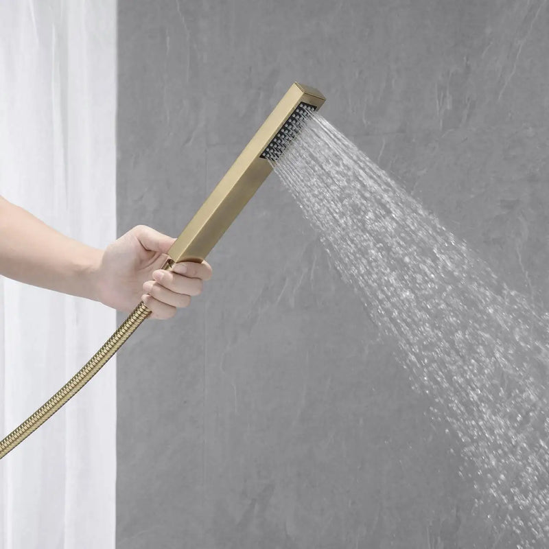 KEMAIDI Freestanding Bathtub Faucet Tub Filler High Flow Waterfall Bath Filler Brushed Gold Tub Faucets with Hand Shower Tap