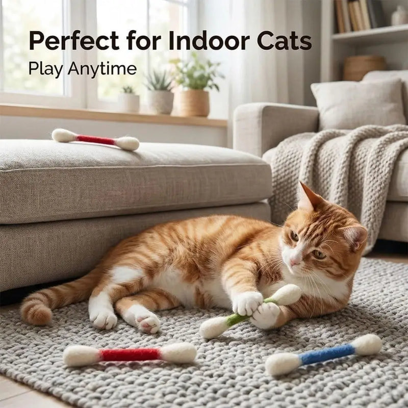 6PCS Felt Cotton Swabs Cat Lightweight Soft Interactive Kick Stick Chew Dental Teething Giant Swabs Cat Interactive Play