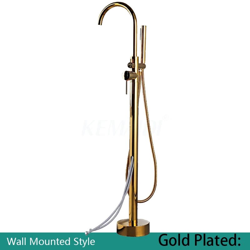 KEMAIDI Golden Plated Bathtub Filler Shower Roman Tub Faucet Set Free Standing Black Bath Shower Systerm Round Spout Mixer Tap
