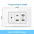 White Tempered Glass Italy USB Type C Smart Fast Charging Wall Socket Plugs Schuko Light Switch Panel Chile TV Sat Computer CAT6
