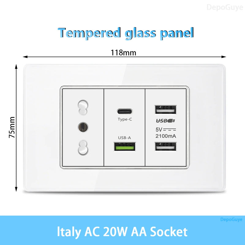 White Tempered Glass Italy USB Type C Smart Fast Charging Wall Socket Plugs Schuko Light Switch Panel Chile TV Sat Computer CAT6