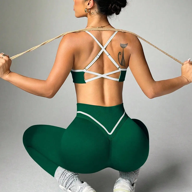 Sexy Backless Sports Bra with Lifted Butt and Color Block Design - Women's Yoga Pants Set for Outdoor Activities