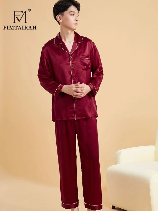 Fimtairah Real 19MM 100% Mulberry Silk Pajamas Men's Autumn  Hangzhou Solid Color heavy Silk Home Wear Men's