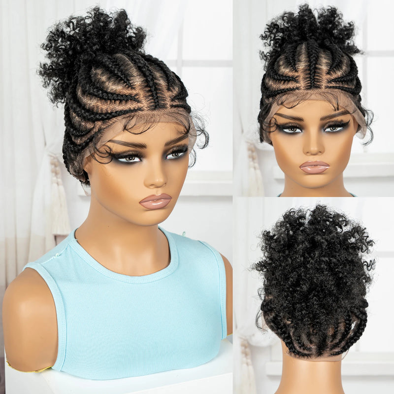 Cornrow Braided Wigs Synthetic Full Lace Braids Wig with Baby Hair Short Afro Curly Knotless Braided Lace Wig for Black Women