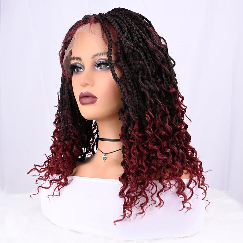 Short Boho Bohemian Box Braids Braided Wig Full Lace Boho Braided Wigs Synthetic Curly Hair with Baby Hair for Black Women