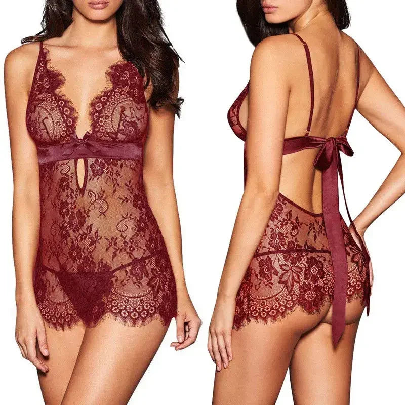 Porn Lace Babydoll Women Sexy Lingerie Dress Backless See Through Nightdress Nightgown Sleepwear Erotic Underwear
