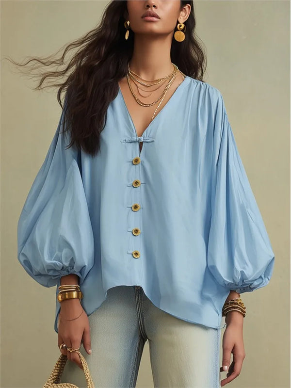 Autumn New Solid Color Fashion Single-breasted Loose Women Shirt Casual Retro Lantern Long-sleeved Versatile Female Vacation Top