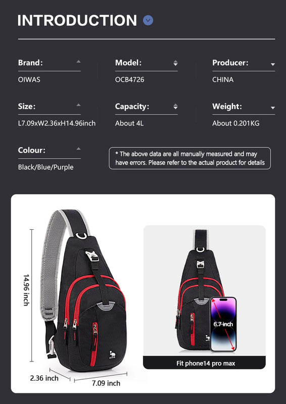 OIWAS Casual Crossbody Chest Bag Sling Shoulder Men's Bag One Strap Lightweight Male Bags Pouch DayPack for Men Travel Sport