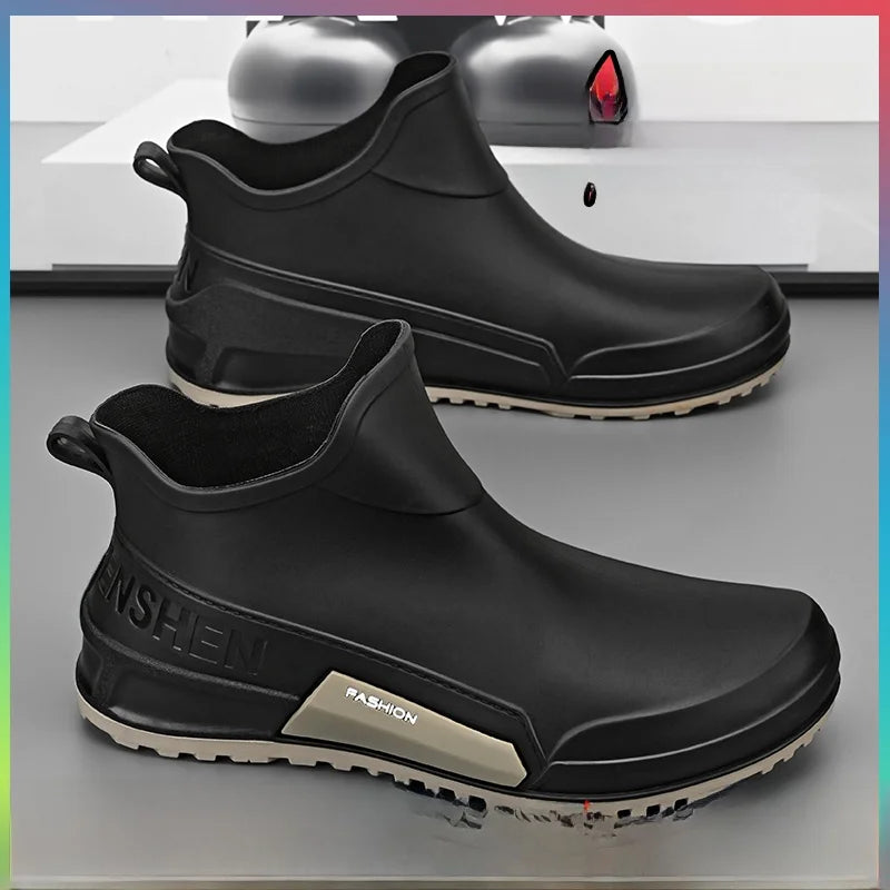 Men's Winter Fleece Lined Short Rain Boots Waterproof Non Slip Work Kitchen Safety Black Rubber Boots Thickened Shoe Bottom