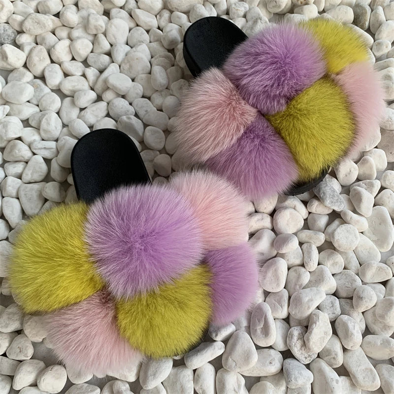 Fur Slides Factory Supply Mixed Color Pom Pom Six Balls Fox Fur Multi-Color Fluffy Fur Slippers For Women