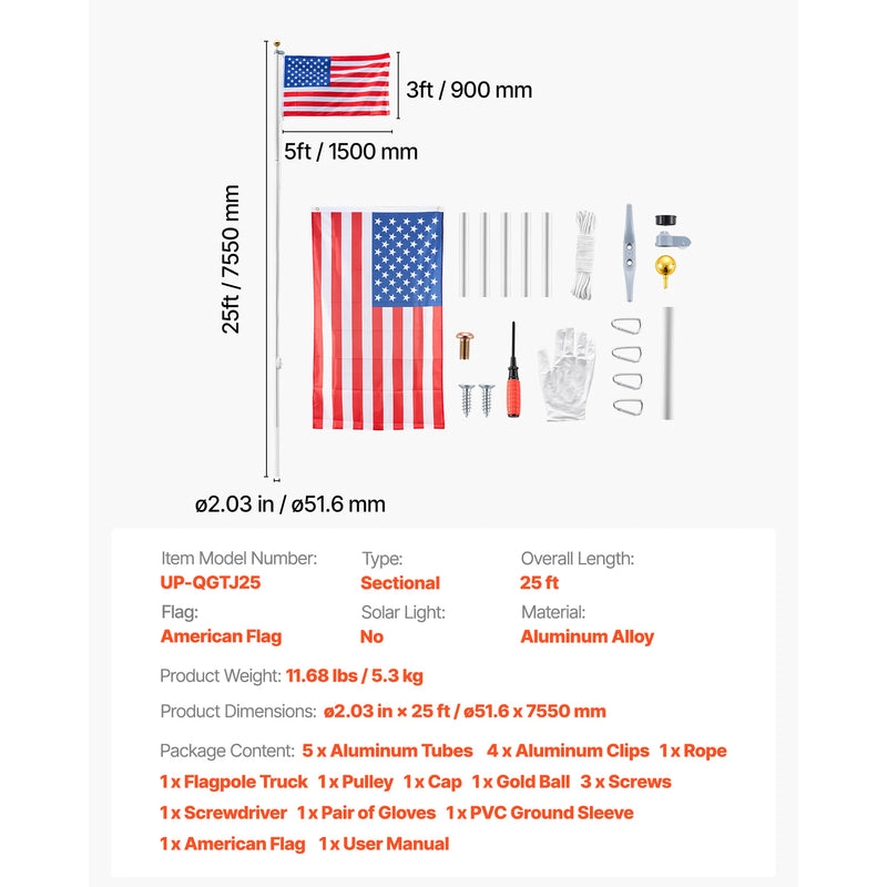 VEVOR 16/20/25/30ft Flag Pole for Outside House In Ground Thick Aluminum Flagpole Kit with 3x5American Flag for Yard Residential