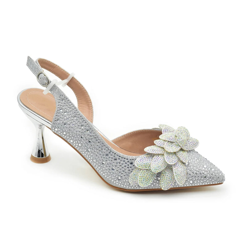 New Arrival Shoes for Women High Heel Rhinestone Paired with Handmade Petal Pointed-Toe Italian Shoes and Bags Matching Set