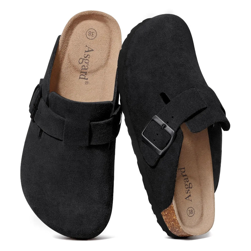 Asgard Women Suede Clogs Genuine Leather Mules Adjustable Buckle with Comfort Cork Footbed and Arch Support Aldult Potato Shoes