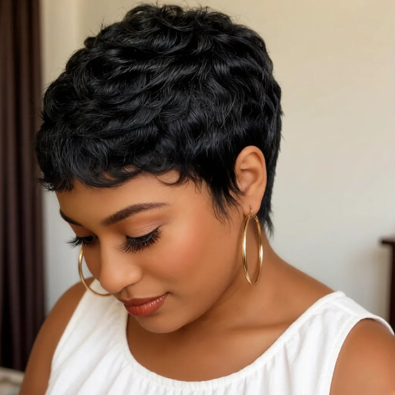 Short Pixie Cut Human Hair Wig 6inch Full machine made wig Remy Human Hair, Burgundy 99J Color Layered Wigs for Women
