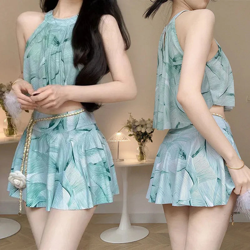 Sexy green print mini skirt bikini sets two pieces | SAMAG