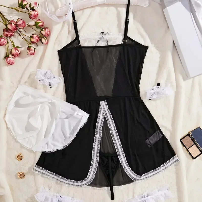 Sexy Lingerie Women Cosplay Bra Set Hot Erotic Servant Lolita Costumes French Apron Maid Dress Porn Uniform Teddy Underwear Set