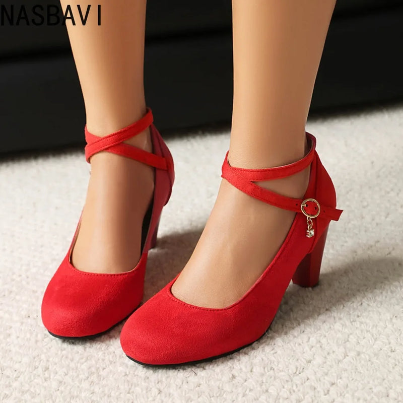Women's High Heels Pumps Shoes Large Size 46 Ankle Strap Flock Red Black Heeled Wedding Party Office Shoes Ladies 2026 Spring