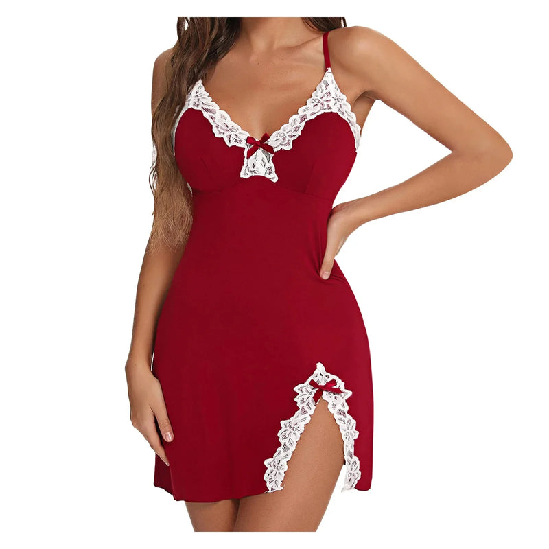 Sexy Lace Silk Satin V-Neck Nightgown Sleepwear Women | SAMAG