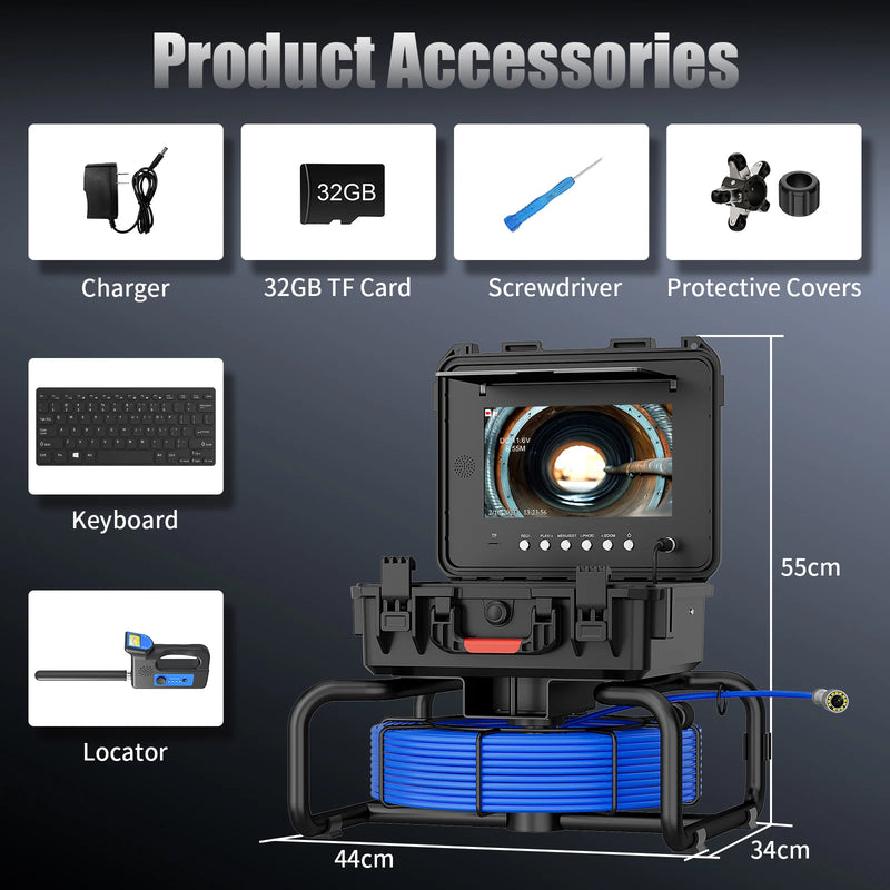 Self-Leveling Sewer Camera - 512Hz Locator, 10 inch IPS IP68 Pipeline Endoscope with DVR & Meter Counter, 7mm Cable for Plumber