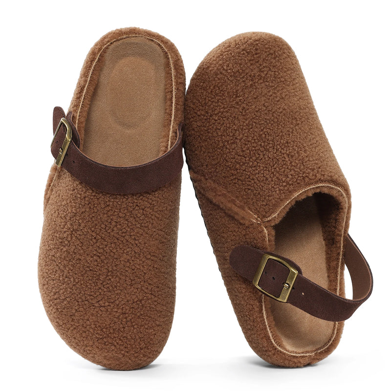 Crestar Fuzzy Clogs Slipper For Women Winter Non-slip Cork Footbed Mules With Adjustable Strap Lady Comfort Casual Potato Shoes