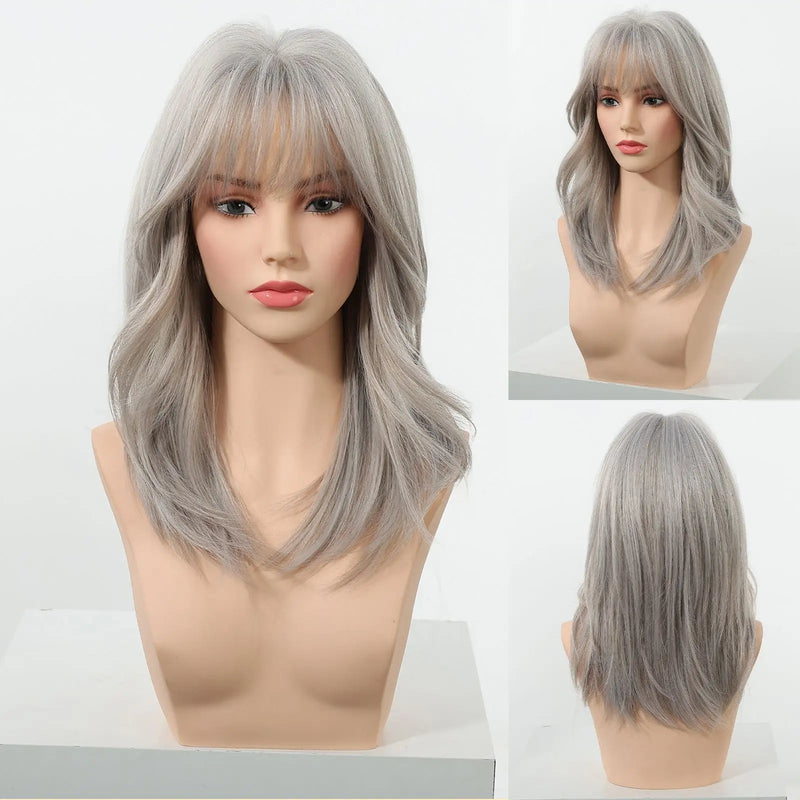 EASIHAIR Medium Length Wavy Blonde Synthetic Wig With Bangs For Women Natural Wigs Hair Heat Resistant Daily Party Cosplay Use
