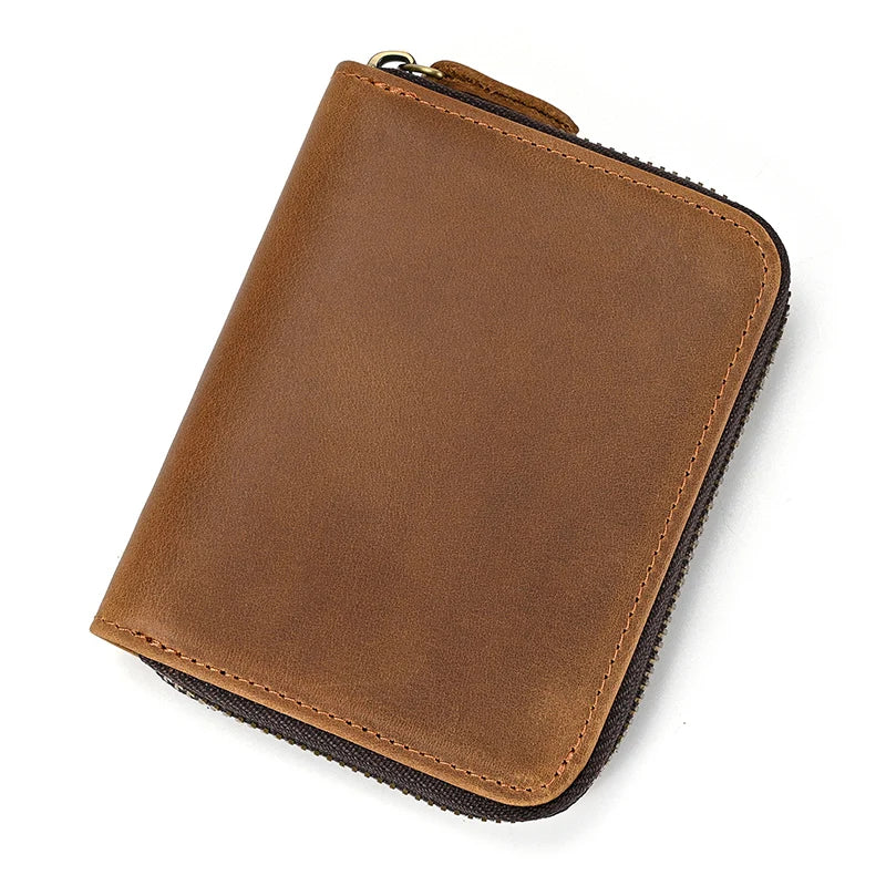 Men Crazy horse Genuine Leather Coin Wallet Real Leather Snap Short Purse Women Coin Pocket Zip Around Small Trifold Pocket